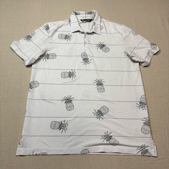 Travis Mathew White Pineapple Design Short Sleeve Polo Men’s Large White Black - Picture 1 of 5